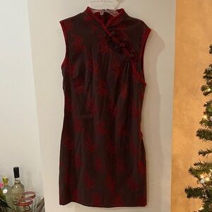 Elegant Red and Brown Sleeveless Dress back zipper